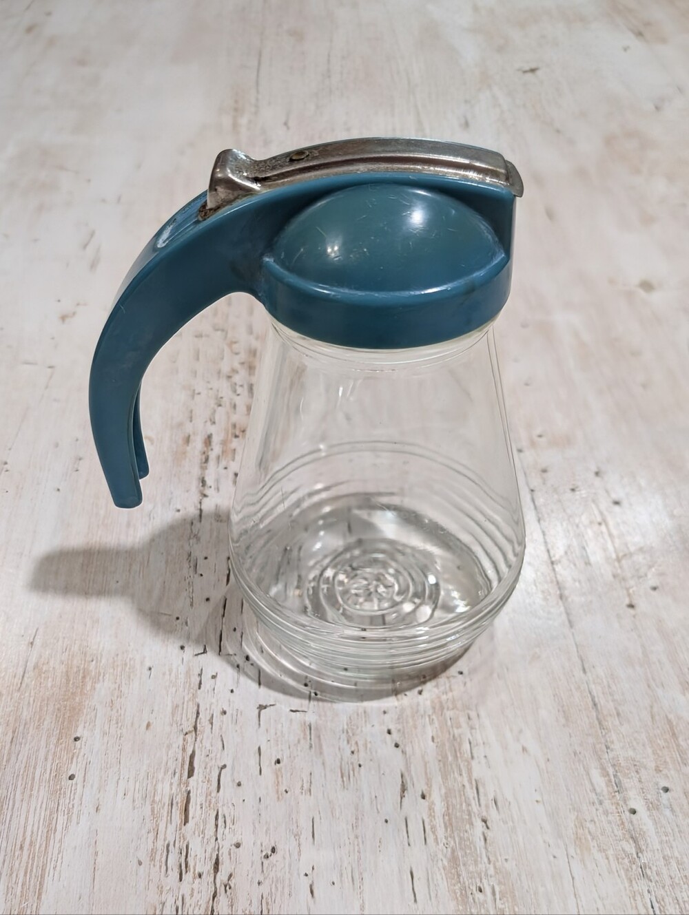 Vintage Federal Tool Corp Glass Syrup Dispenser Turquoise Blue Thumb Lever 5.25"